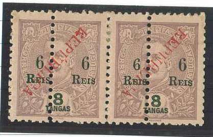 20Lis_906.jpg -     Lote:     906             Descrição:     1914 - D. Carlos I Mouchon com sobrecarga República local e perfurados. CE294, par horizontal de 6 reis s/ 8 tangas, com sobrecarga República invertida. Não catalogado.         *        Valor Base:     &euro; 3,00     Valor Venda:     &euro;      