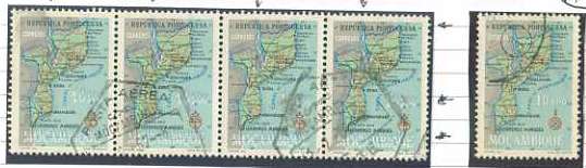20Lis_930.jpg -     Lote:     930              Descrição:     1954 - Mapa de Moçambique. CE418, 10$00. Tira horizontal de 4 selos com deslocação da impressão da cor azul, provocando a ilusão de dupla impressão da taxa e da legenda + exemplar normal para comparação.         O        Valor Base:     &euro; 10,00     Valor Venda:     &euro;      