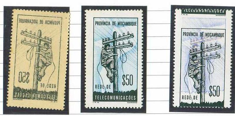 20Lis_937.jpg -     Lote:     937             Descrição:     1965 - Imposto Postal. Rede de Telecomunicações. CE69, $50 azul e preto. Dois selos, um com impressão no verso da cor preta e outro com o denteado deslocado + exemplar normal para comparação.         ***        Valor Base:     &euro; 5,00     Valor Venda:     &euro;      