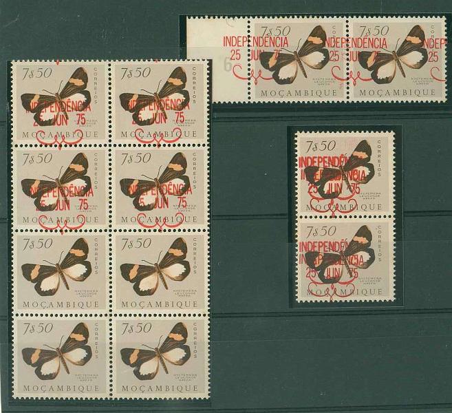 20Lis_943.jpg -     Lote:     943             Descrição:     Moçambique * Palops. 1975 - Independência. CE15, 7$50. Conjunto composto por bloco de 8 selos com a sobrecarga deslocada, aparecendo 4 selos com omissão da sobrecarga, par horizontal com a sobrecarga deslocada e par vertical com dupla sobrecarga.         ***        Valor Base:     &euro; 25,00     Valor Venda:     &euro;      