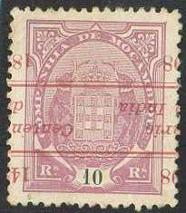 20Lis_948.jpg -     Lote:     948             Descrição:     1898 - Tipo Elefante com sobrecarga do Centenário da Índia. CE31, 10 reis lilás com sobrecarga invertida e deslocada.         *        Valor Base:     &euro; 10,00     Valor Venda:     &euro;      
