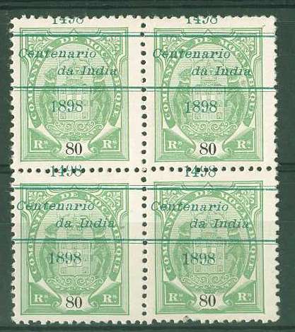 20Lis_949.jpg -     Lote:     949             Descrição:     1898 - 4.º Centenário do Descobrimento do Caminho Marítimo para a Índia. Selos tipo Elefante com sobrecarga "Centenário da Índia". CE37, 80 reis verde claro, denteado 12 /2, papel porcelana. Quadra nova com a sobrecarga deslocada         *        Valor Base:     &euro; 40,00     Valor Venda:     &euro;      