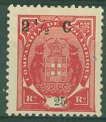 20Lis_950.jpg -     Lote:     950             Descrição:     1916 - Tipo Elefante com sobrecarga República e sobretaxa em centavos. CE97, 2 1/2c s/ 25 reis carmim. Selo sem impressão da sobrecarga República.         **        Valor Base:     &euro; 5,00     Valor Venda:     &euro;      