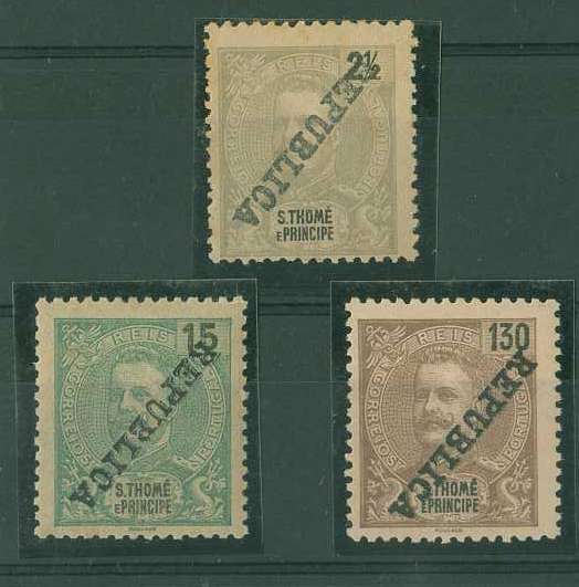 20Lis_960.jpg -     Lote:     960             Descrição:     1913 - D. Carlos I Mouchon com sobrecarga República tipografada localmente. CE146, 168 e 172 (2.5, 15 e 130 reis), com a sobrecarga invertida.         *        Valor Base:     &euro; 30,00     Valor Venda:     &euro;      