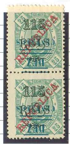 20Lis_962.jpg -     Lote:     962             Descrição:     1923 - D. Carlos I Diogo Neto, com sobretaxa, sobre selos de 1915 a 1920. Sobrecarga tipografada localmente. Emitidos sem goma. CE260A, 10 ctvs s/115 reis s/ 25 reis verde. Par vertical com sobretaxa invertida.         *        Valor Base:     &euro; 5,00     Valor Venda:     &euro;      