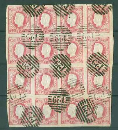 20Lis_1002.jpg -     Lote:     1002             Descrição:     1866/67 - D. Luís I. Fita curva, não denteados. CE22, 25 reis carmim rosa. Bloco de 16 selos usados, obliterados com carimbo numérico da 1.ª reforma 129 - Pinhel. MB e R.         O        Valor Base:     &euro; 100,00     Valor Venda:     &euro;      