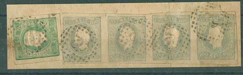 20Lis_1005.jpg -     Lote:     1005             Descrição:     1866/67 - D. Luís I, fita curva, não denteados. CE23 e 25. Fragmento com tira de 4 selos de 100 reis lilás (cor ligeiramente alterada) e selos de 50 reis verde.         O        Valor Base:     &euro; 180,00     Valor Venda:     &euro;      