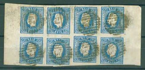 20Lis_1006.jpg -     Lote:     1006             Descrição:     1866/67 - D. Luís I. Fita curva, não denteados. CE26, 120 reis azul. Bloco de 8 selos usados, obliterados com carimbo numérico da 1.ª reforma 129 - Pinhel. MB e R.         O        Valor Base:     &euro; 1000,00     Valor Venda:     &euro;      