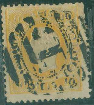 20Lis_1010.jpg -     Lote:     1010             Descrição:     1867/70 - D. Luís I. Fita curva, denteados. CE28, 10 reis amarelo laranja. Valor de catálogo &euro; 175,00.         O        Valor Base:     &euro; 35,00     Valor Venda:     &euro;      