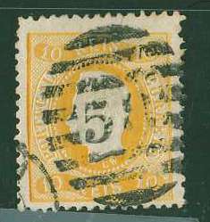 20Lis_1011.jpg -     Lote:     1011             Descrição:     1867/70 - D. Luís I, fita curva, denteados. CE28, 10 reis amarelo laranja, obliterado com carimbo numérico da 2.ª reforma "58 - GUIMARÃES".         O        Valor Base:     &euro; 25,00     Valor Venda:     &euro;      
