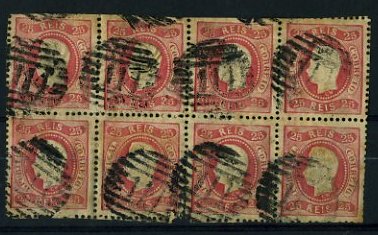 20Lis_1014.jpg -     Lote:     1014             Descrição:     1867/70 - D. Luís I. Fita curva, denteados. CE30, 25 reis carmim. Bloco horizontal de 8 selos, obliterados com carimbo numérico da 1.ª reforma 114 - ALMEIDA. Bordo superior do bloco cortado à tesoura fendendo o denteado.         O        Valor Base:     &euro; 30,00     Valor Venda:     &euro;      