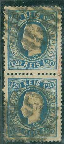 20Lis_1016.jpg -     Lote:     1016             Descrição:     1867/70 - D. Luís I, fita curva, denteados. CE34, 120 reis azul. Par vertical com um ligeiro adelgaçamento num dos selos.         O        Valor Base:     &euro; 35,00     Valor Venda:     &euro;      
