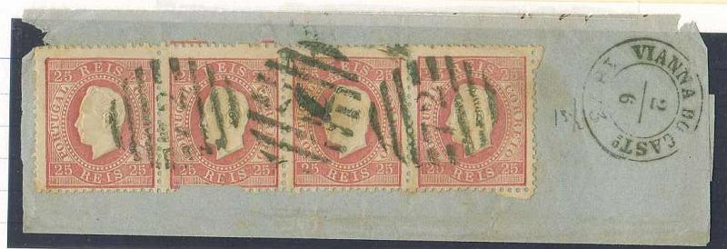 20Lis_1022.jpg -     Lote:     1022             Descrição:     1870/76 - D. Luís I, fita direita. CE40, 25 reis carmim, papel liso, denteado 13.5. Fragmento com tira horizontal de quatro selos obliterados com carimbo numérico da 2.ª reforma n.º 72 e carimbo datado de Viana de Castelo (02.06.73). Um selo com pequeno defeito no denteado.          FRG        Valor Base:     &euro; 7,00     Valor Venda:     &euro;      