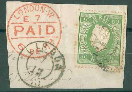 20Lis_1023.jpg -     Lote:     1023             Descrição:     1870/78 - D. Luís I, fita direita. CE41, 50 reis verde amarelo, papel liso, denteado 12.5, sobre fragmento com carimbo datado de Lisboa (01.12.1878).         FRG        Valor Base:     &euro; 15,00     Valor Venda:     &euro;      