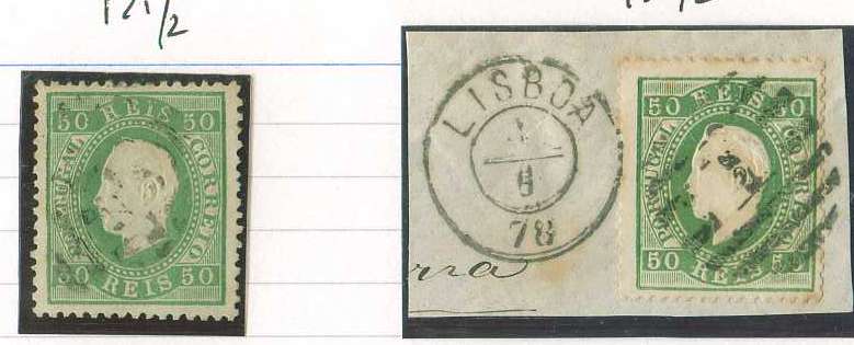 20Lis_1024.jpg -     Lote:     1024             Descrição:     1870/76 - D. Luís I, fita direita. CE41, 50 reis verde, papel liso, denteado 12.5. Lote composto por selo em denteado 12.5 e fragmento com selo em denteado 13.5.         FRG/O        Valor Base:     &euro; 15,00     Valor Venda:     &euro;      