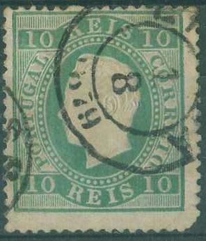 20Lis_1026.jpg -     Lote:     1026             Descrição:     1879/1880 - D. Luís I. Fita direita. Novas cores. CE49, 10 reis verde azul, denteado 13.5, papel liso, obliterado com carimbo datado de Lisboa. Um dente curto no canto inferior direito. Valor de catálogo &euro; 514,00.         O        Valor Base:     &euro; 100,00     Valor Venda:     &euro;      