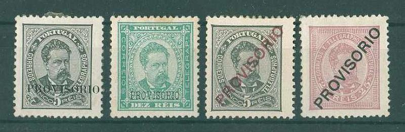 20Lis_1027.jpg -     Lote:     1027             Descrição:     1892/93 - D. Luís I Sobrecarga / Provisório. CE80, 81, 82, 86. Gomas vidradas e charneira. Valor de catálogo &euro; 94,00.         **        Valor Base:     &euro; 15,00     Valor Venda:     &euro;      