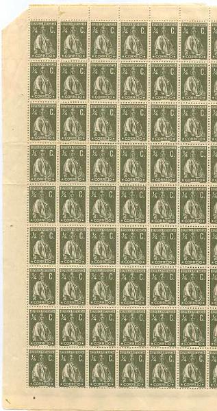 20Lis_1051.jpg -     Lote:     1051             Descrição:     1912 - Ceres. CE207, Œ ctv sépia, denteado 12 x 11.5, papel liso. Folha completa de 180 selos. Valor de catálogo &euro; 99,00.         ***        Valor Base:     &euro; 10,00     Valor Venda:     &euro;      
