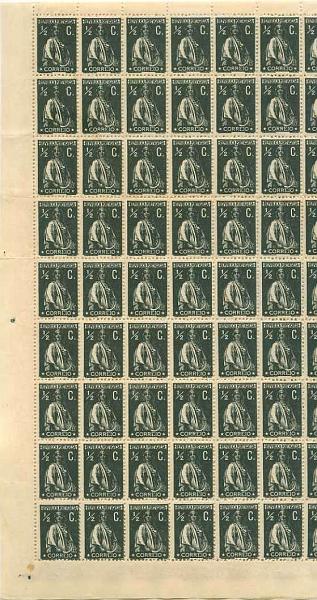 20Lis_1052.jpg -     Lote:     1052             Descrição:     1912 - Ceres. CE207,.5 ctv preto, denteado 12 x 11.5, papel liso. Folha completa de 180 selos. Valor de catálogo &euro; 99,00.         ***        Valor Base:     &euro; 10,00     Valor Venda:     &euro;      
