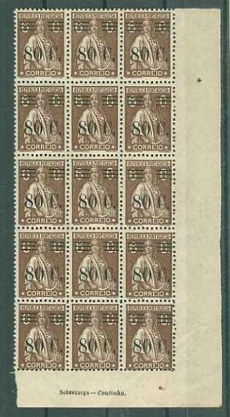 20Lis_1073.jpg -     Lote:     1073             Descrição:     1928/29 - Ceres, com sobretaxa. CE478, 80 s/ 6 ctvs, castanho. Bloco de 15 selos, com inscrição marginal "Sobrecarga - Coutinho".          ***        Valor Base:     &euro; 20,00     Valor Venda:     &euro;      
