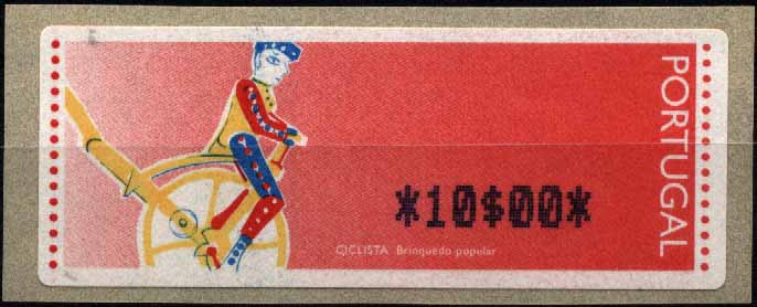 20Lis_1122.jpg -     Lote:     1122             Descrição:     1995 - Ciclista. Brinquedo Popular. Máquina APM200-INESC, usada na FIL, na apresentação do Porta Moedas Multibanco. NÃO CATALOGADO PELA AFINSA. MItchel 6.1. Etiqueta da taxa de 10$00 nova. Valor de catálogo Michel 250,00         ETQ        Valor Base:     &euro; 100,00     Valor Venda:     &euro;      