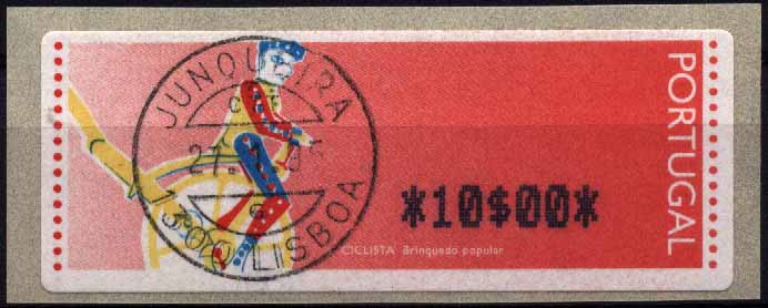 20Lis_1123.jpg -     Lote:     1123             Descrição:     1995 - Ciclista. Brinquedo Popular. Máquina APM200-INESC, usada na FIL, na apresentação do Porta Moedas Multibanco. NÃO CATALOGADO PELA AFINSA. MItchel 6.1. Etiqueta da taxa de 10$00 usada (1.º dia de utilização da máquina). Valor de catálogo Michel 250,00         ETQ        Valor Base:     &euro; 100,00     Valor Venda:     &euro;      