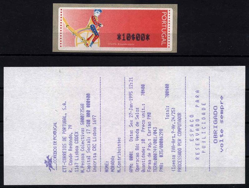 20Lis_1124.jpg -     Lote:     1124             Descrição:     1995 - Ciclista. Brinquedo Popular. Máquina APM200-INESC, usada na FIL, na apresentação do Porta Moedas Multibanco. NÃO CATALOGADO PELA AFINSA. MItchel 6.1. Etiqueta da taxa de 10$00 nova com recibo. Valor de catálogo Michel 450,00.         ETQ        Valor Base:     &euro; 200,00     Valor Venda:     &euro;      
