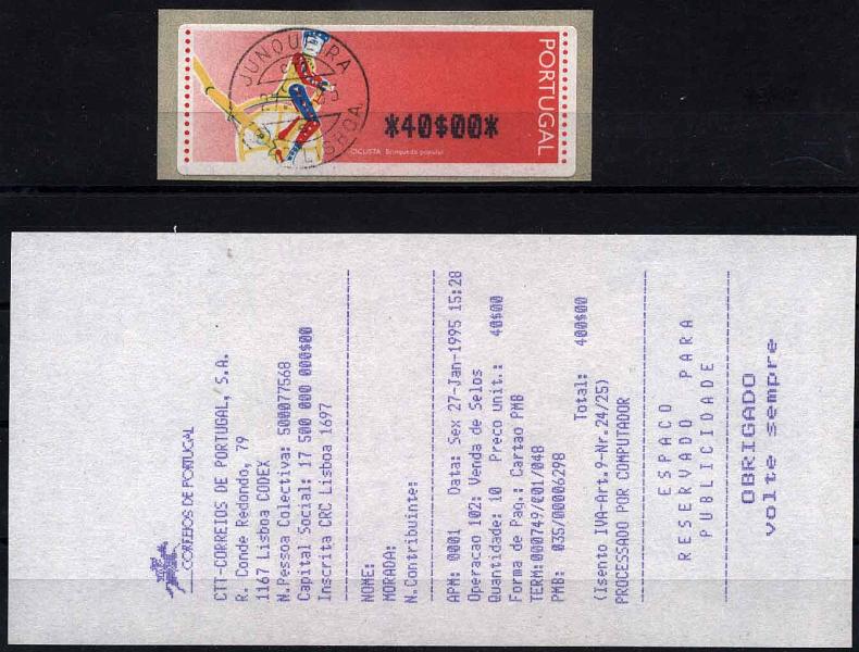 20Lis_1125.jpg -     Lote:     1125             Descrição:     1995 - Ciclista. Brinquedo Popular. Máquina APM200-INESC, usada na FIL, na apresentação do Porta Moedas Multibanco. NÃO CATALOGADO PELA AFINSA. MItchel 6.1. Etiqueta da taxa de 40$00 usada (1.º dia de utilização da máquina). Valor de catálogo Michel 550,00         ETQ        Valor Base:     &euro; 200,00     Valor Venda:     &euro;      