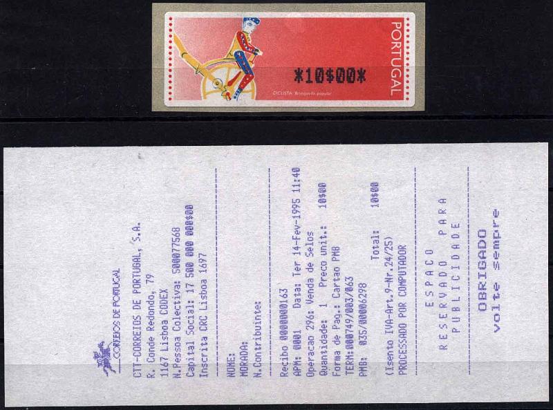 20Lis_1126.jpg -     Lote:     1126             Descrição:     1995 - Ciclista. Brinquedo Popular. Máquina APM200-INESC, usada na FIL, na apresentação do Porta Moedas Multibanco. NÃO CATALOGADO PELA AFINSA. MItchel 6.1. Etiqueta da taxa de 10$00 nova com recibo do último dia da exposição. Valor de catálogo Michel 350,00         ETQ        Valor Base:     &euro; 150,00     Valor Venda:     &euro;      