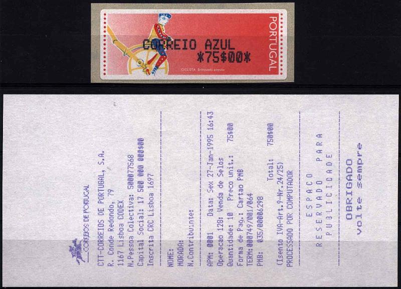 20Lis_1127.jpg -     Lote:     1127             Descrição:     1995 - Ciclista. Brinquedo Popular. Máquina APM200-INESC, usada na FIL, na apresentação do Porta Moedas Multibanco. NÃO CATALOGADO PELA AFINSA. MItchel 6.1. Etiqueta da taxa de 75$00 (Correio Azul) nova com recibo do último dia da exposição. Valor de catálogo Michel 850,00         ETQ        Valor Base:     &euro; 300,00     Valor Venda:     &euro;      