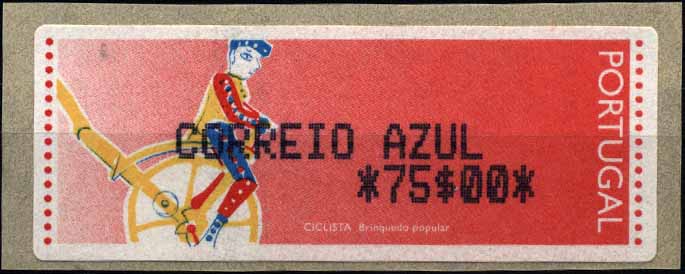 20Lis_1128.jpg -     Lote:     1128             Descrição:     1995 - Ciclista. Brinquedo Popular. Máquina APM200-INESC, usada na FIL, na apresentação do Porta Moedas Multibanco. NÃO CATALOGADO PELA AFINSA. MItchel 6.1. Etiqueta da taxa de 75$00 (Correio Azul). Valor de catálogo Michel 650,00         ETQ        Valor Base:     &euro; 250,00     Valor Venda:     &euro;      