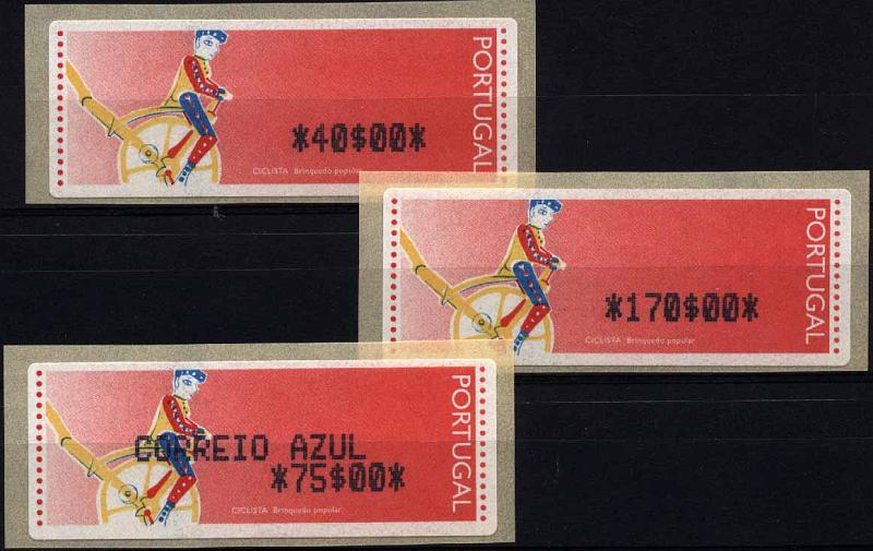 20Lis_1129.jpg -     Lote:     1129             Descrição:     1995 - Ciclista. Brinquedo Popular. Máquina APM200-INESC, usada na FIL, na apresentação do Porta Moedas Multibanco. NÃO CATALOGADO PELA AFINSA. MItchel 6.1. Três etiquetas de 40$00, 170$00 e 75$00 (Correio Azul) novas. Valor de catálogo Michel 1150,00         ETQ        Valor Base:     &euro; 400,00     Valor Venda:     &euro;      