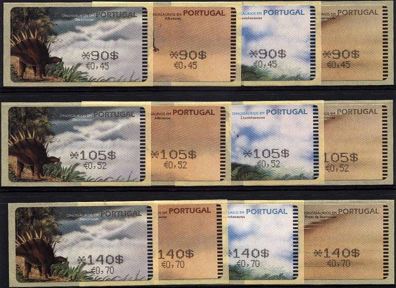 20Lis_1136.jpg -     Lote:     1136             Descrição:     1999 - Dinossáurios em Portugal. Tipo AMIEL, Taxa dupla). CE ETQ 19A (24). Série completa de 24 etiquetas para o ano de 2001 (50, 90, 105, 140 e Correio Azul 85 e 350). Impressão a preto não catalogada. Raro e MB.         ETQ        Valor Base:     &euro; 80,00     Valor Venda:     &euro;      