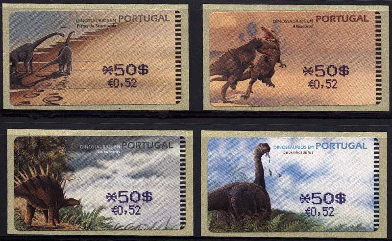 20Lis_1137.jpg -     Lote:     1137             Descrição:     1999 - Dinossáurios em Portugal. Tipo AMIEL, Taxa dupla). CE ETQ 19A (4). Série completa com os quatro desenhos diferentes de "50$ / &euro;0,52", todos com erro de conversão no valor em Euros "&euro;0,52" em vez de "&euro;0,25". R e MB.         ETQ        Valor Base:     &euro; 15,00     Valor Venda:     &euro;      