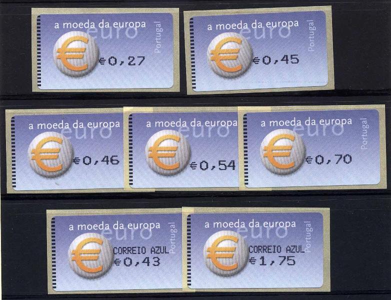 20Lis_1139.jpg -     Lote:     1139             Descrição:     2002 - Símbolo do Euro. Tipo AMIEL. Taxa com vírgula. CE ETQ 23A. Série completa  para o ano 2002 (0,27 / 0,45 / 0,46 / 0,54 / 0,70 e Correio Azul 0,43 e 1,75). Impressas a preto. Raro e MB.         ETQ        Valor Base:     &euro; 45,00     Valor Venda:     &euro;      