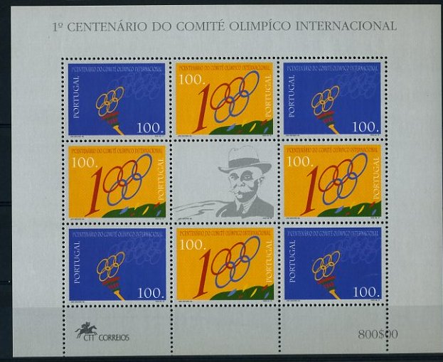 20Lis_1147.jpg -     Lote:     1147             Descrição:     1994 - 1.º Centenário do Comité Olímpico Internacional. CE2184/5. Mini-folha n.º 11 com oito selos. Valor de catálogo &euro; 15.80.        ***        Valor Base:     &euro; 10,00     Valor Venda:     &euro;      