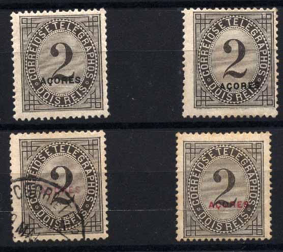 20Lis_1165.jpg -     Lote:     1165             Descrição:     1885 - Taxa de Telegramas. CE51, 2 reis preto. Lote composto por 2 selos com a sobretaxa preta em denteados 12.5 e 13.5 (novos), e dois selos com sobrecarga vermelha em denteados 12.5 e 13.5 (um novo e um usado). Valor de catálogo &euro; 54,60.         **/O        Valor Base:     &euro; 10,00     Valor Venda:     &euro;      