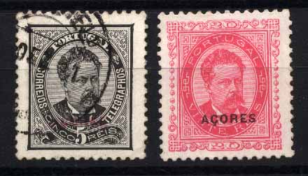 20Lis_1167.jpg -     Lote:     1167             Descrição:     1884/87 - D. Luís I de frente. CE52 e 54. Selo de 5 reis preto usado em denteado 11.5, sobrecarga a vermelho e selo de 20 reis rosa, sem goma. Valor de catálogo &euro; 42.90.         */O        Valor Base:     &euro; 8,00     Valor Venda:     &euro;      