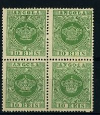 20Lis_1204.jpg -     Lote:     1204             Descrição:     1881/85 - Tipo Coroa. Novos valores e cores. CE10, 10 reis verde, papel liso branco, denteado 13.5. Quadra.         *        Valor Base:     &euro; 3,00     Valor Venda:     &euro;      