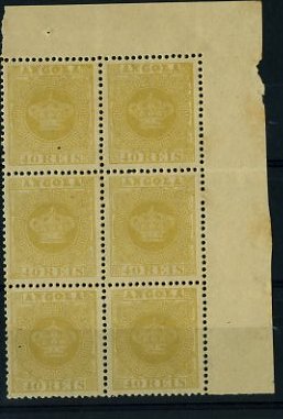 20Lis_1205.jpg -     Lote:     1205             Descrição:     1881/85 - Tipo Coroa. Novos valores e cores. CE13, 40 reis amarelo ocre, papel liso amarelado, denteado 12.5. Bloco de 6 selos.         *        Valor Base:     &euro; 6,00     Valor Venda:     &euro;      