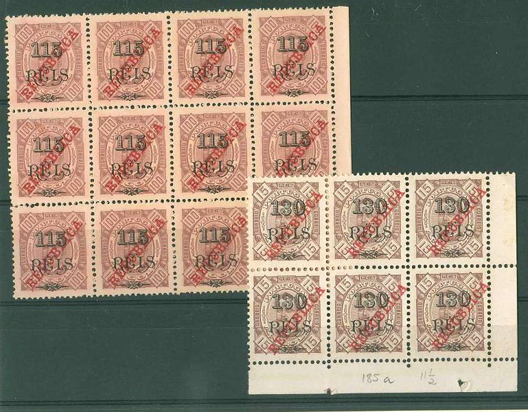 20Lis_1212.jpg -     Lote:     1212             Descrição:     1915 - D. Carlos I com sobrecarga República (Casa da Moeda). Lote composto por bloco de 12 selos de 115 s/ 100 reis, denteado 12.5, CE183 e bloco de 6 selos de 130 s/ 15 reis, denteado 11.5, CE185.          *        Valor Base:     &euro; 8,00     Valor Venda:     &euro;      