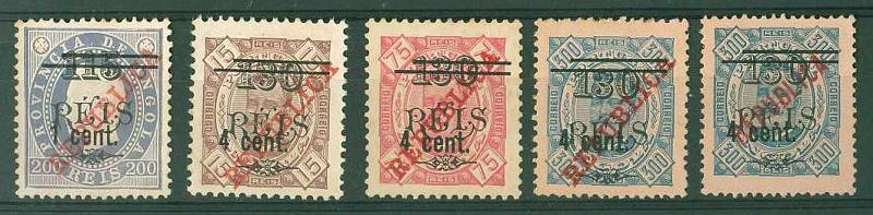 20Lis_1215.jpg -     Lote:     1215             Descrição:     1921 - D. Luís I e D. Carlos I com sobrecarga República e sobretaxa, novamente sobretaxados. Não emitidos. Lote de 5 selos não emitidos: 1 cent. s/ 115 s/ 300 reis, 4cent. s/ 130 s/ 15 reis, 4 cent. s/ 130 s/ 75 reis, 4 cent. s/ 130 s/ 300 reis e 4 cent. s/ 130 s/ 300 reis (República local). MR.         *        Valor Base:     &euro; 75,00     Valor Venda:     &euro;      