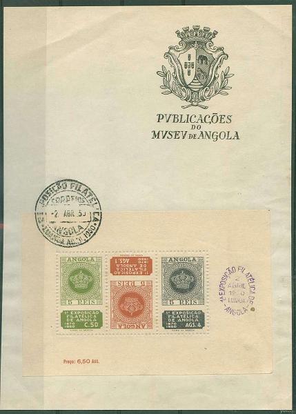 20Lis_1219.jpg -     Lote:     1219             Descrição:     1950 - 1.ª Exposição Filatélica de Angola. Bloco com a série colada a folha retirada de Publicações do Museu de Angola.         BLC        Valor Base:     &euro; 20,00     Valor Venda:     &euro;      