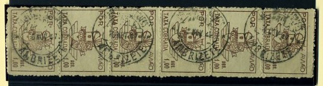 20Lis_1222.jpg -     Lote:     1222             Descrição:     1947 - Correio Aéreo. Escudo de Angola. CE CA10, 1,00A castanho. Tira vertical de seis selos obliterados com carimbo de AMBRIZETE. Valor de catálogo &euro; 31.08.         O        Valor Base:     &euro; 10,00     Valor Venda:     &euro;      