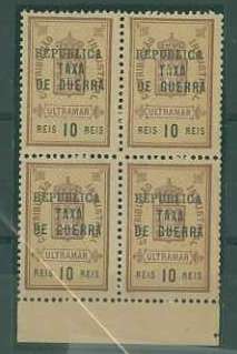 20Lis_1233.jpg -     Lote:     1233             Descrição:     1919 - Imposto postal. Estampilha fiscal com sobrecarga República / Taxa de Guerra. CE IP1, 10 reis castanho bistre. Quadra. Valor de catálogo &euro; 272,36.         *        Valor Base:     &euro; 50,00     Valor Venda:     &euro;      