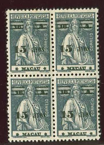 20Lis_1239.jpg -     Lote:     1239             Descrição:     1931/33 - Ceres. CE266, 15 s/ 16 avos ardósia. Quadra. Um selo com um ponto de óxido. Valor de catálogo &euro; 30.16.         ***        Valor Base:     &euro; 15,00     Valor Venda:     &euro;      