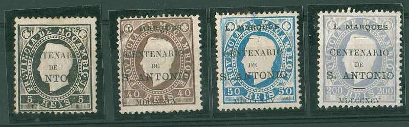 20Lis_1285.jpg -     Lote:     1285             Descrição:     1895 - D. Luís I de Moçambique com a sobrecarga "Centenário de S. António". CE14, 18, 19 (denteado 13.5) e 21. Valor de catálogo &euro; 99,86.         *        Valor Base:     &euro; 35,00     Valor Venda:     &euro;      