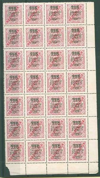 20Lis_1289.jpg -     Lote:     1289             Descrição:     1920/21 - D. Carlos I Diogo Neto, com sobretaxa. CE171, Œ c s/ 115 reis s/ 10 reis. Folha completa de 28 selos. Valor de catálogo &euro; 28.28.         *        Valor Base:     &euro; 6,00     Valor Venda:     &euro;      
