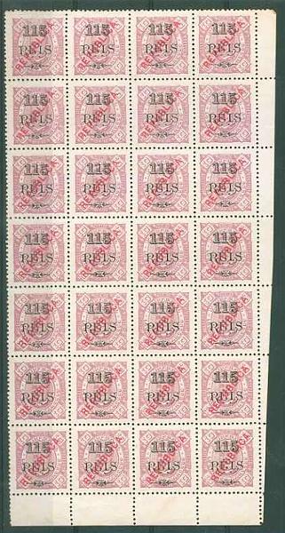20Lis_1290.jpg -     Lote:     1290             Descrição:     1915 - D. Carlos I Diogo Neto com sobrecarga República da Casa da Moeda. CE139, 115 s/ 10 reis violeta vermelho. Folha completa com 28 selos. Valor de catálogo &euro; 23.52.         *        Valor Base:     &euro; 5,00     Valor Venda:     &euro;      