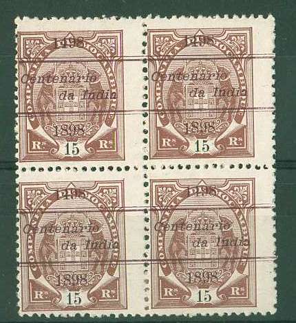 20Lis_1292.jpg -     Lote:     1292             Descrição:     1898 - 4.º Centenário do Descobrimento do Caminho Marítimo para a Índia. Selos tipo Elefante com sobrecarga "Centenário da Índia". CE32, 15 reis castanho, denteado 12 /2, papel porcelana. Quadra nova (dois selos com sinal de charneira).         ***/**        Valor Base:     &euro; 20,00     Valor Venda:     &euro;      